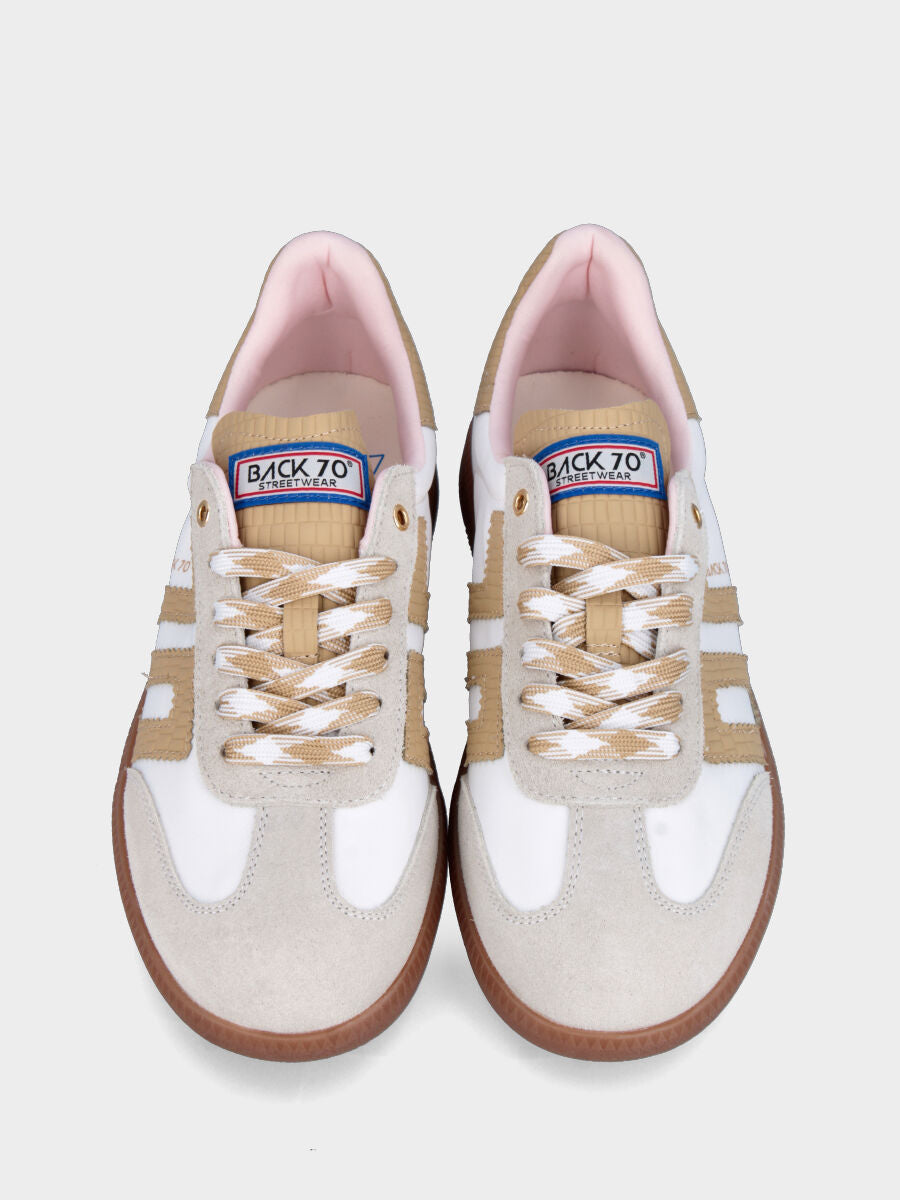 Sneaker in nylon e camoscio bianco con dettagli in vitello beige