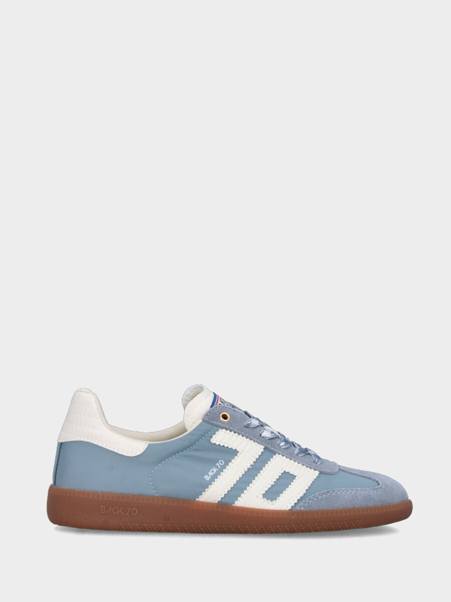 Sneaker in nylon e camoscio celeste con dettagli in vitello bianco