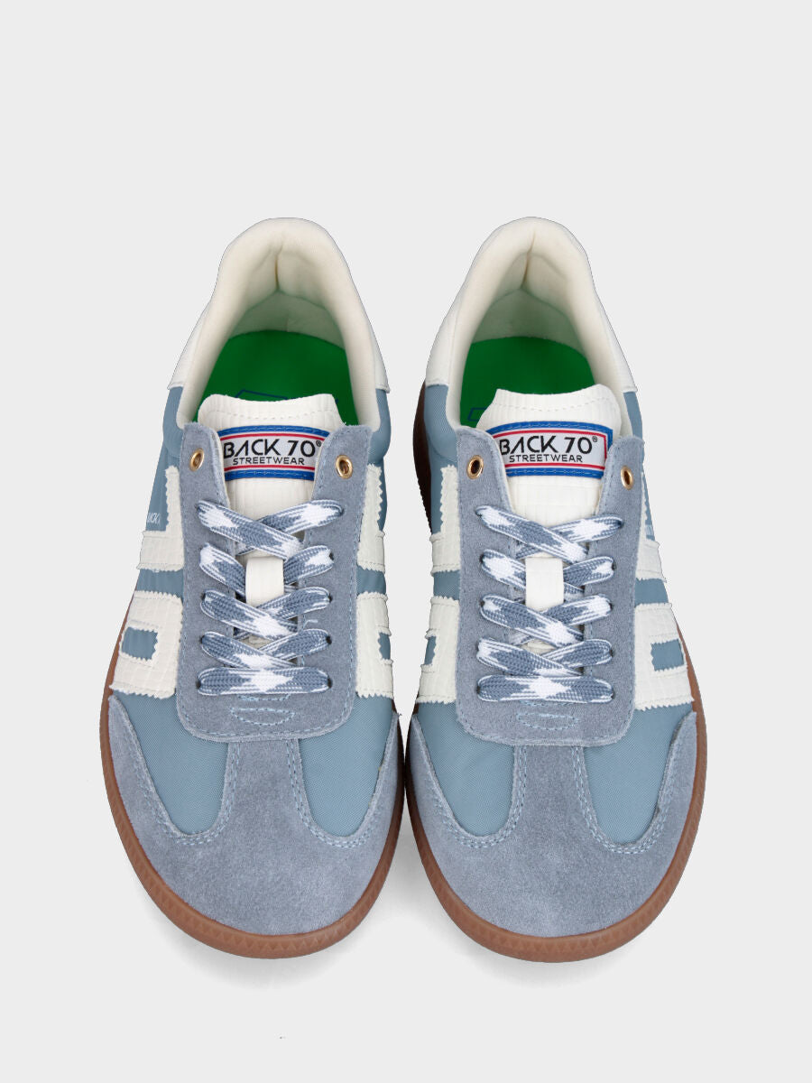 Sneaker in nylon e camoscio celeste con dettagli in vitello bianco