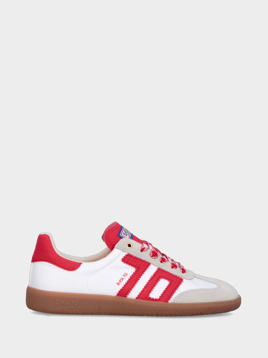 Sneaker in nylon e camoscio bianco con dettagli in vitello rosso