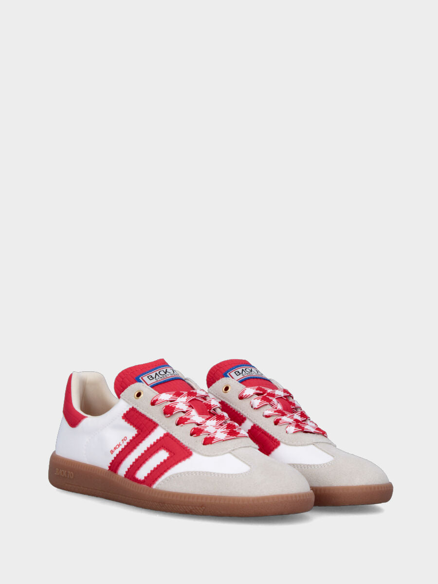 Sneaker in nylon e camoscio bianco con dettagli in vitello rosso