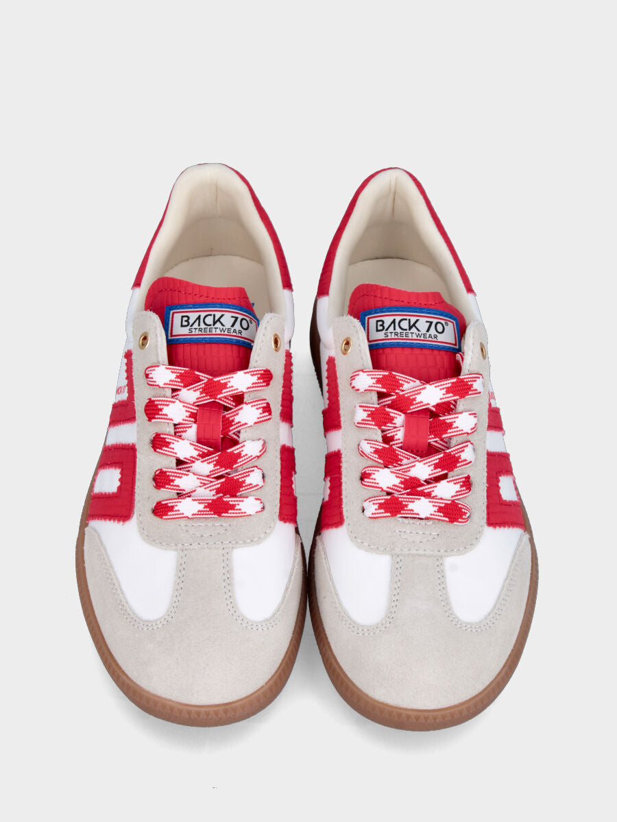 Sneaker in nylon e camoscio bianco con dettagli in vitello rosso