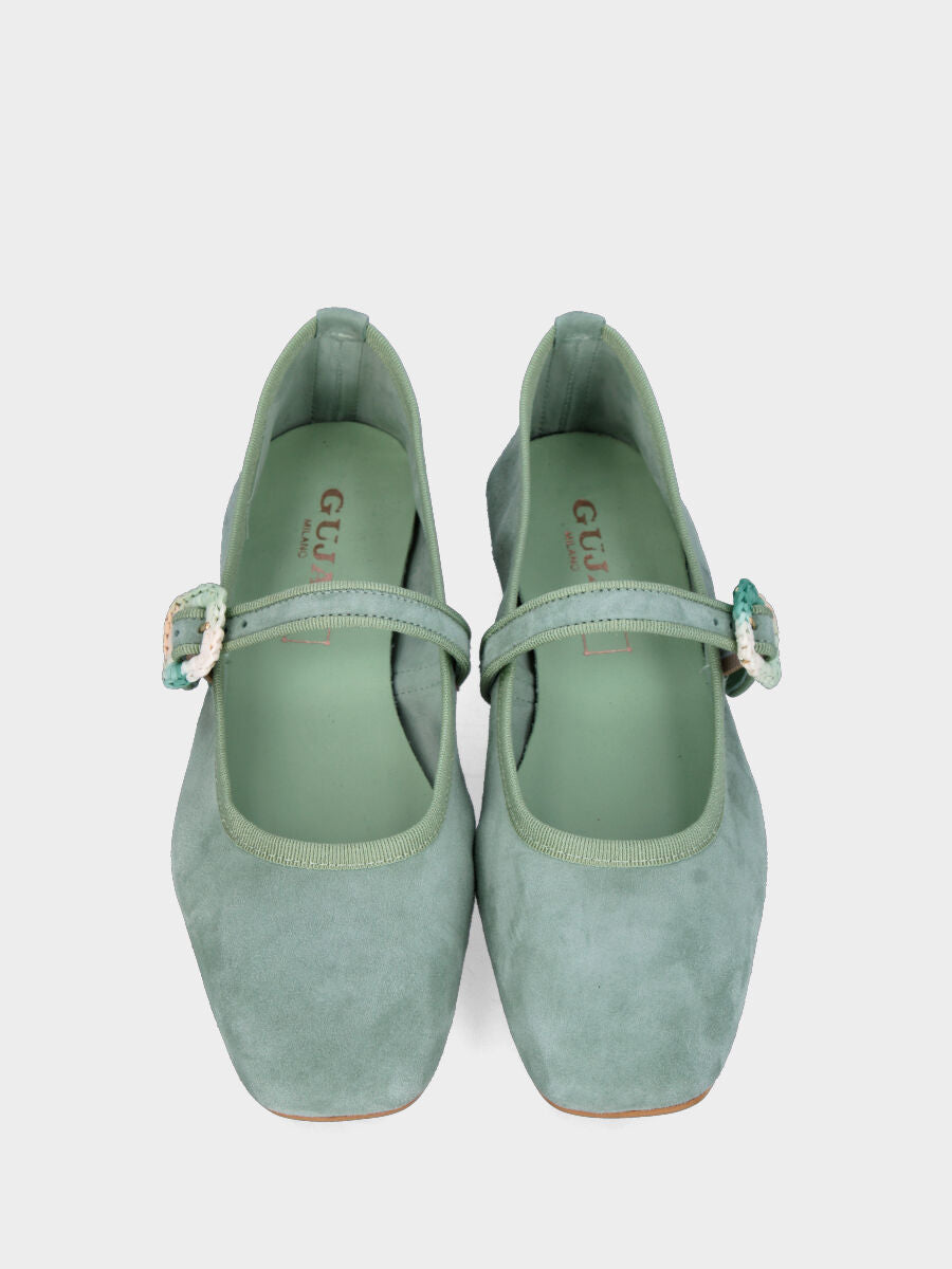 Ballerina Mary Jane in camoscio verde salvia con fibbia in spago