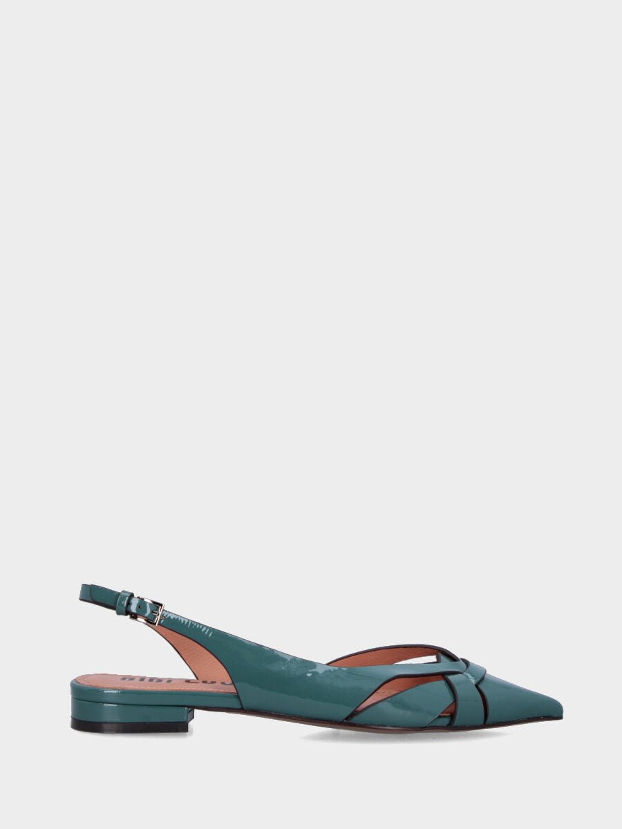 Slingback in vernice ottanio con listini incrociati e punta sfilata