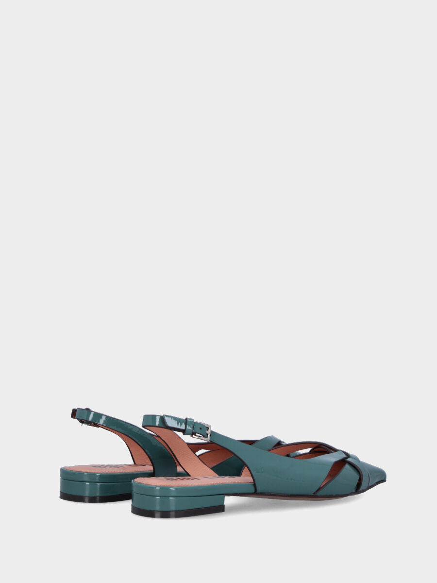 Slingback in vernice ottanio con listini incrociati e punta sfilata
