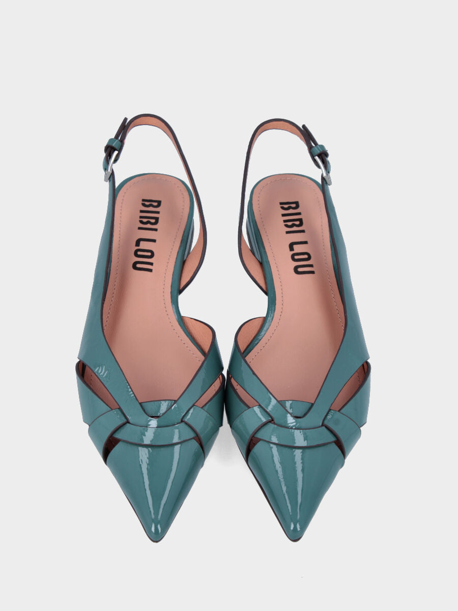 Slingback in vernice ottanio con listini incrociati e punta sfilata