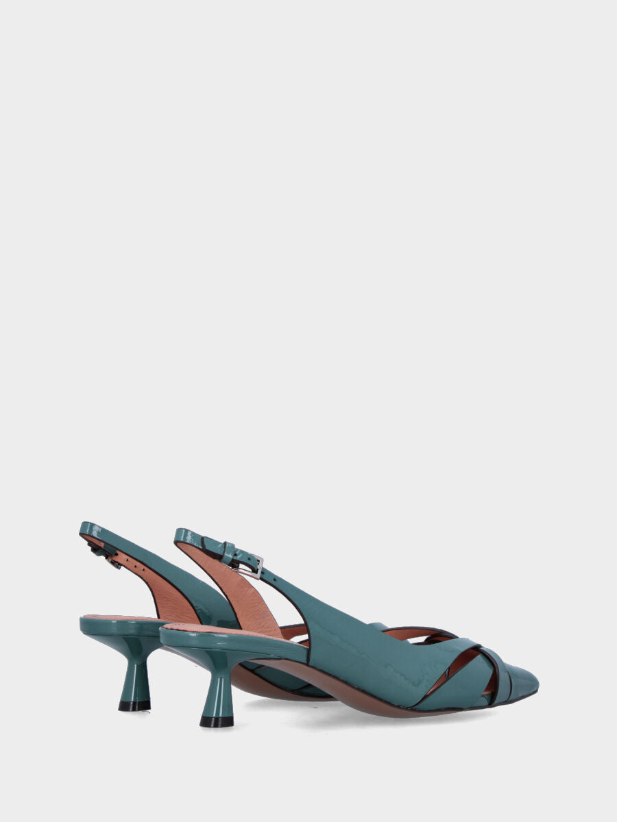 Slingback in vernice ottanio con listini incrociati e tacco a calice