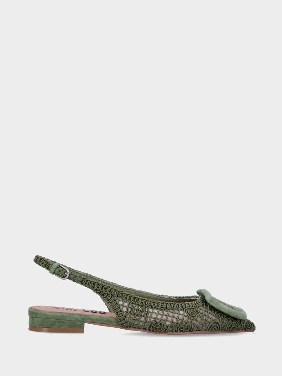 Slingback in cotone verde con accessorio e tomaia in rete ricamata