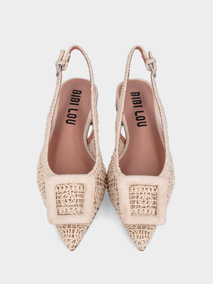 Slingback in cotone bianco latte con accessorio e tomaia in rete ricamata