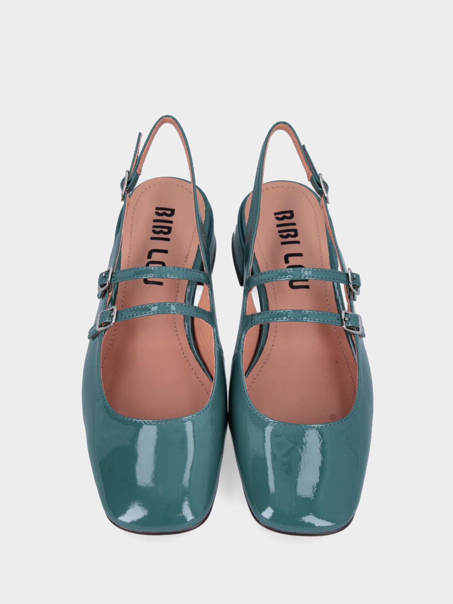 Slingback in vernice ottanio con cinturini e punta stondata