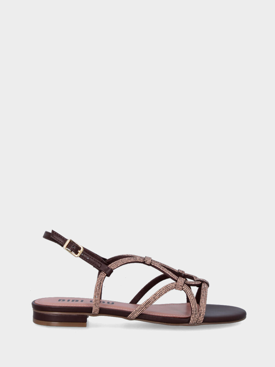 Sandalo in nappa marrone con tacco 10 mm e listini con cristalli