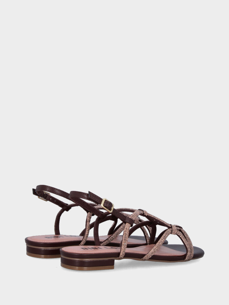 Sandalo in nappa marrone con tacco 10 mm e listini con cristalli