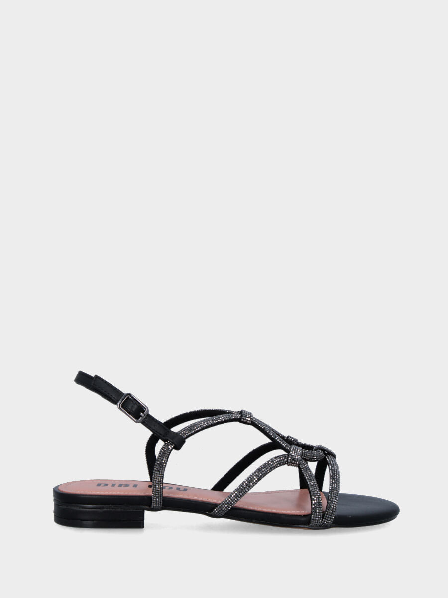 Sandalo in nappa nera con tacco 10 mm e listini con cristalli