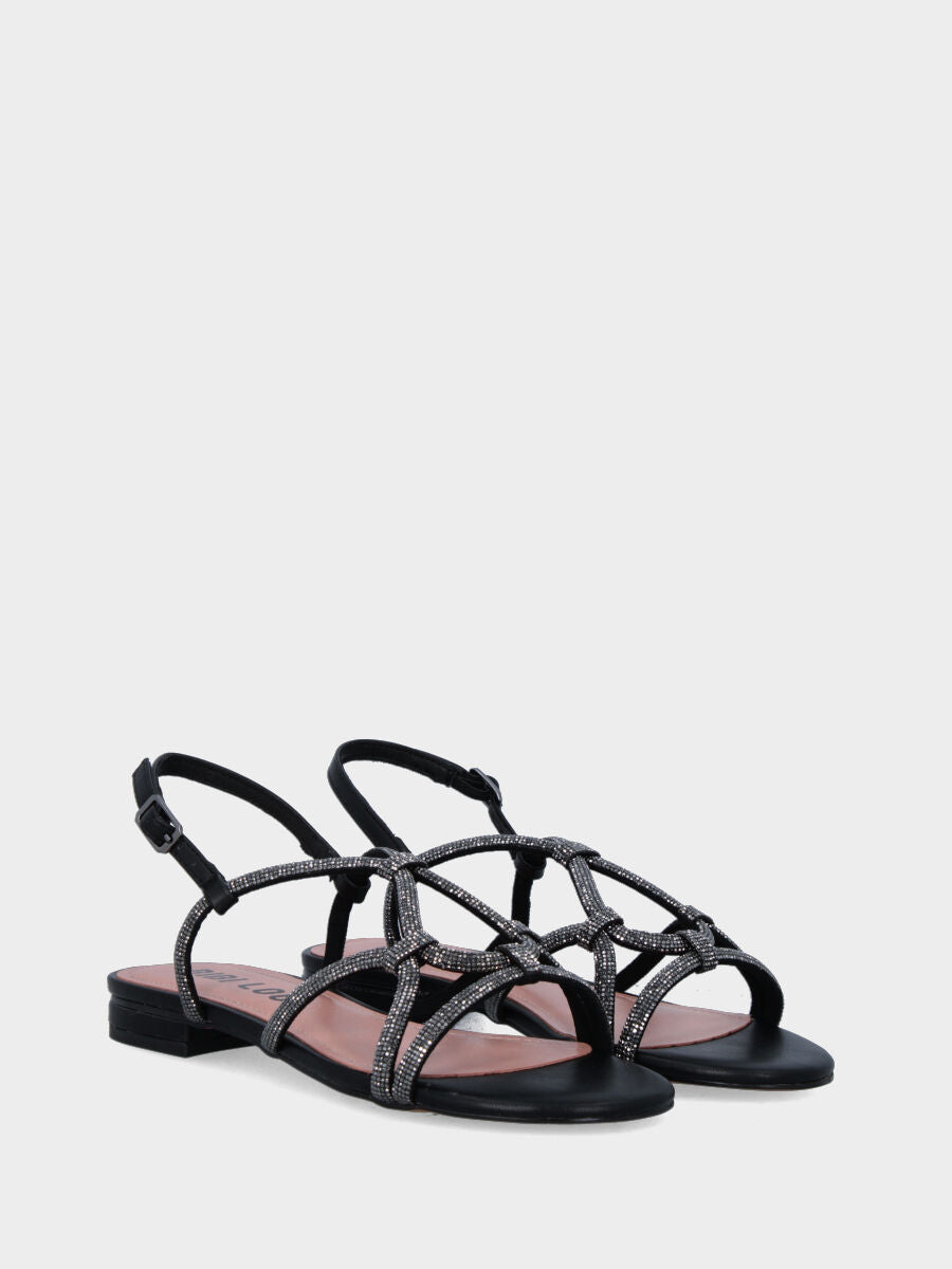 Sandalo in nappa nera con tacco 10 mm e listini con cristalli