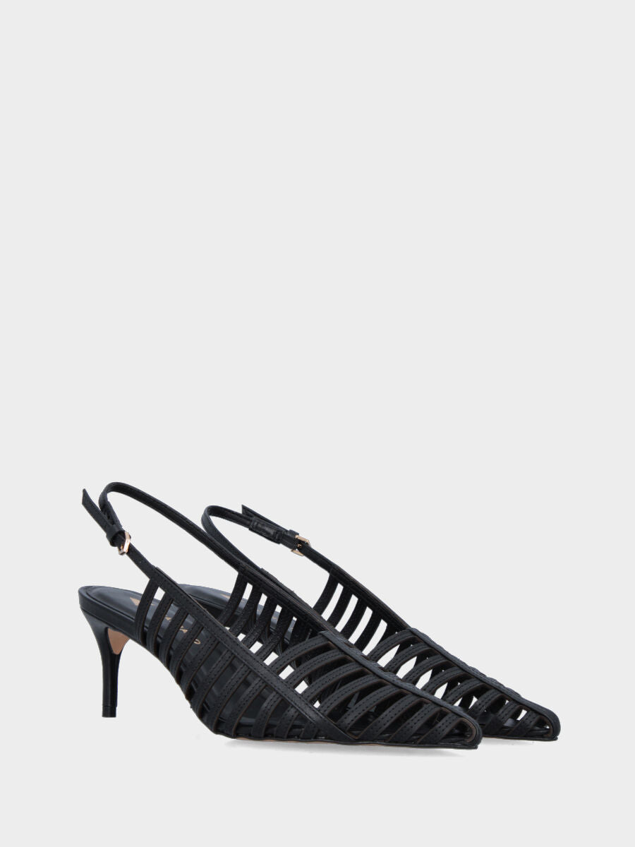 Slingback aus schwarzem Nappaleder mit 80 mm Absatz und parallelen Riemchen