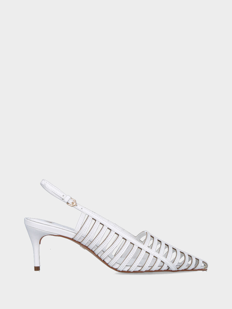 Slingback aus weißem Nappaleder mit 80 mm Absatz und parallelen Riemchen