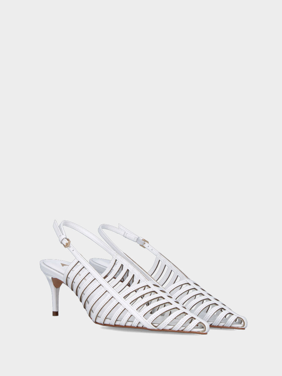 Slingback aus weißem Nappaleder mit 80 mm Absatz und parallelen Riemchen