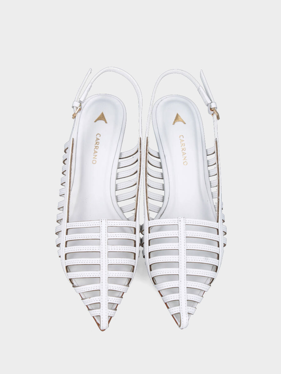 Slingback aus weißem Nappaleder mit 80 mm Absatz und parallelen Riemchen