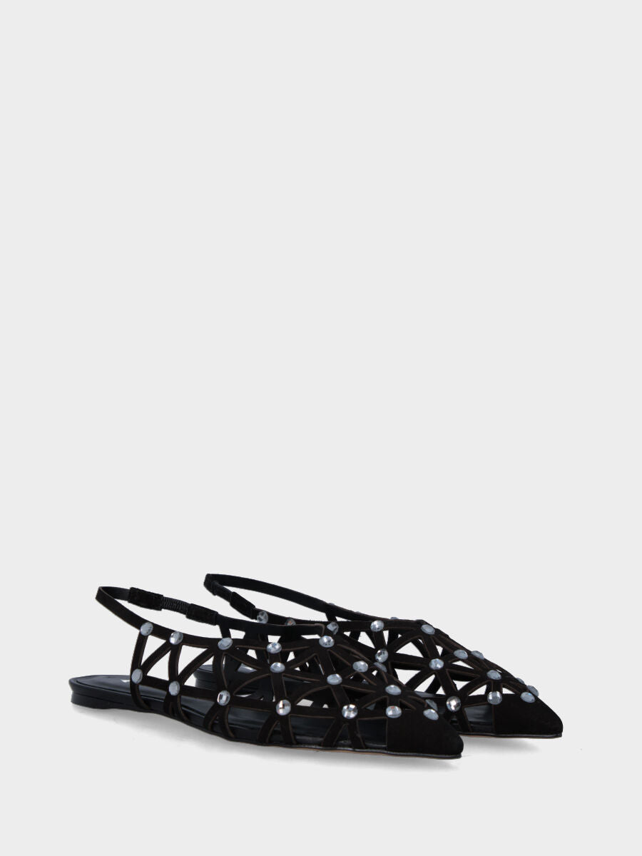 Flache Slingback aus schwarzem Nubuk mit laserperforierten Riemchen und Kristallen