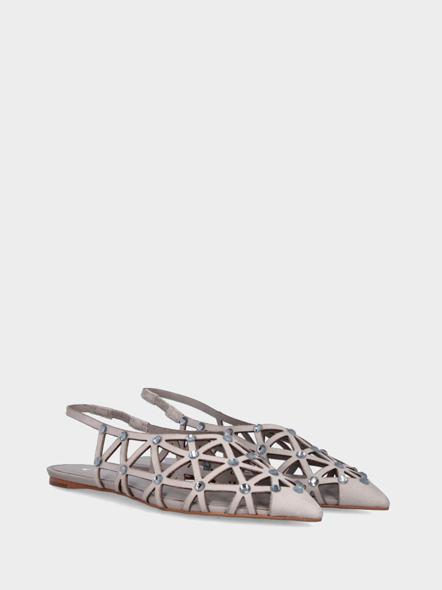 Slingback flat in nabuk argento con listini laserati e cristalli