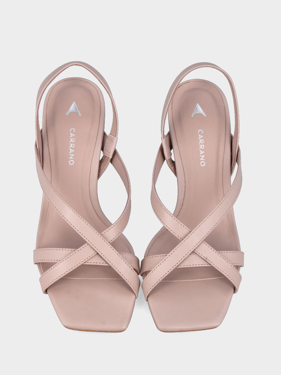 Sandalo in nappa beige con listini incrociati e tacco a virgola