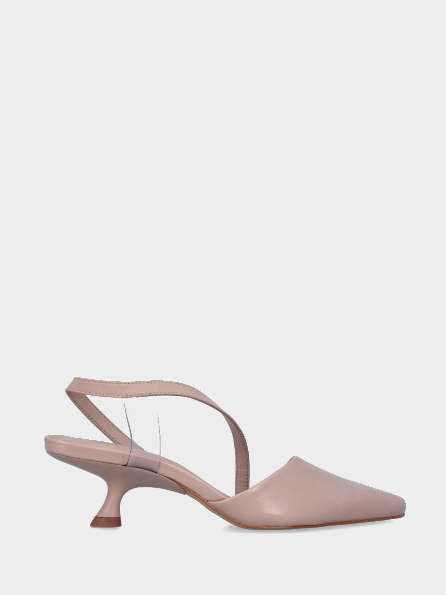 Slingback in nappa beige con cinturino incrociato e dettaglio trasparente