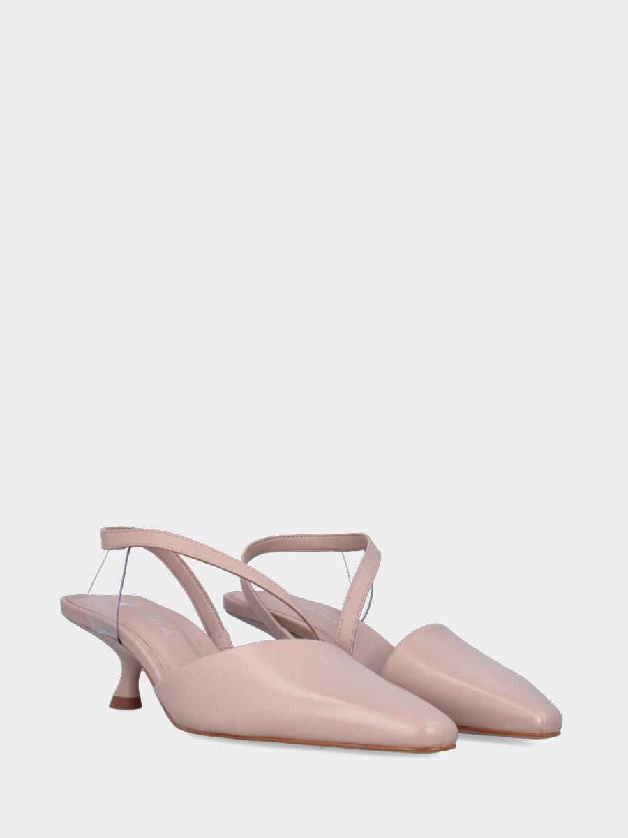 Slingback in nappa beige con cinturino incrociato e dettaglio trasparente