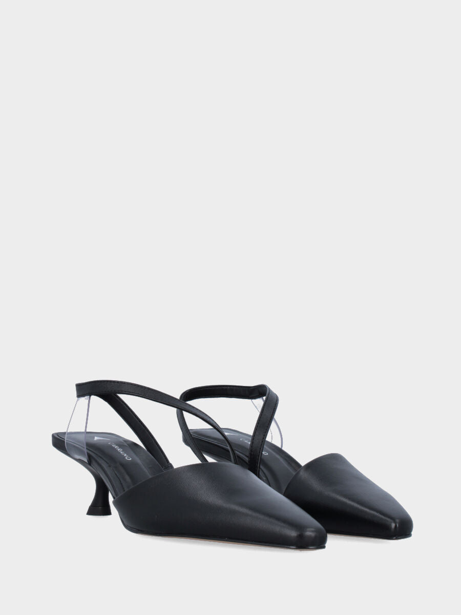 Slingback in nappa nera con cinturino incrociato e dettaglio trasparente