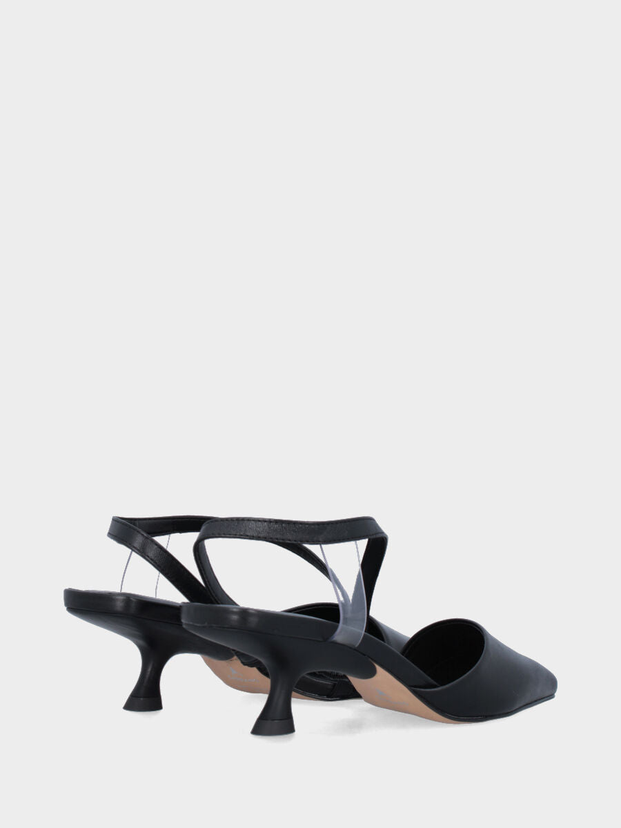 Slingback in nappa nera con cinturino incrociato e dettaglio trasparente