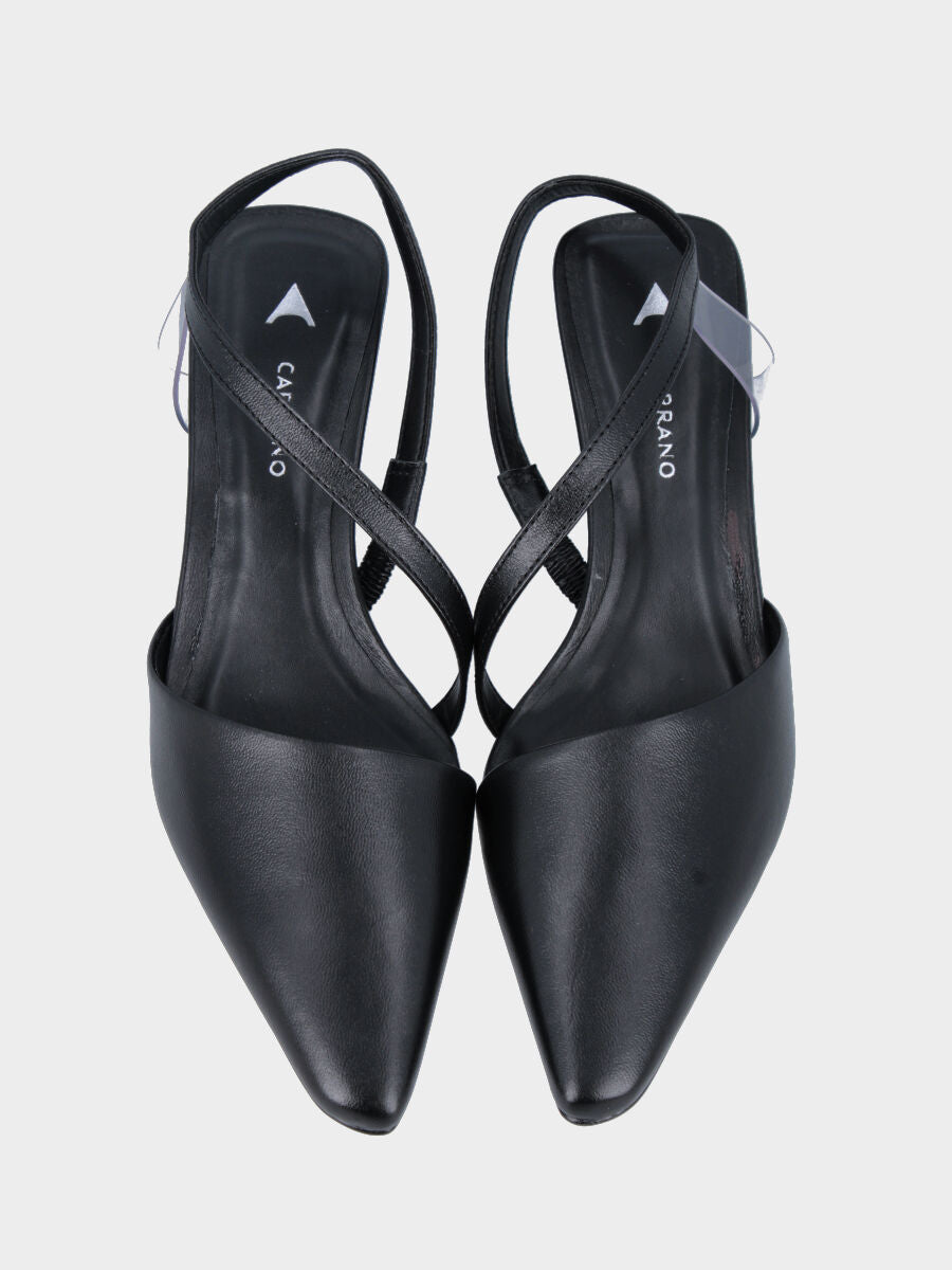 Slingback in nappa nera con cinturino incrociato e dettaglio trasparente