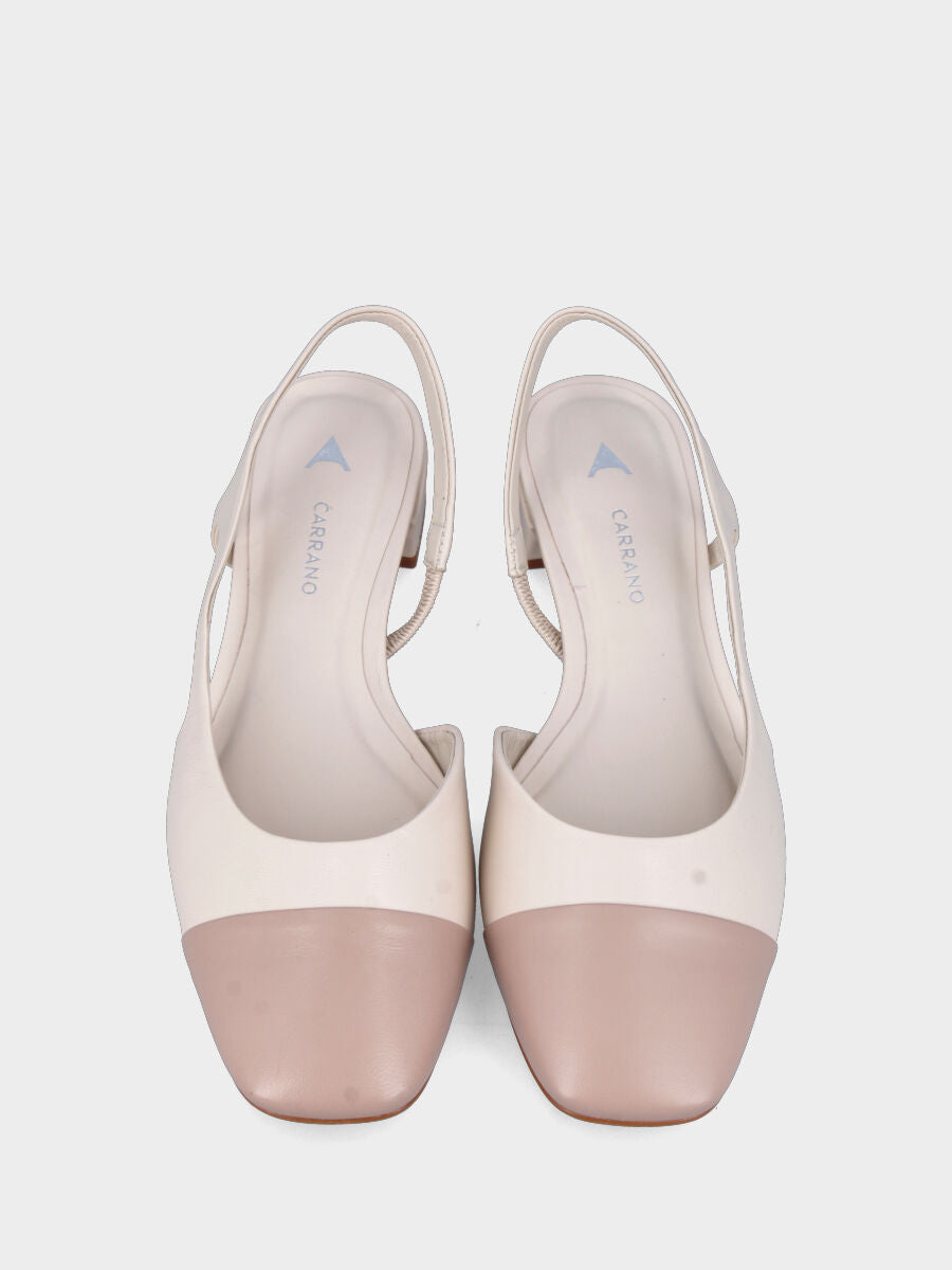 Slingback in nappa bicolore beige con cinturino asimmetrico