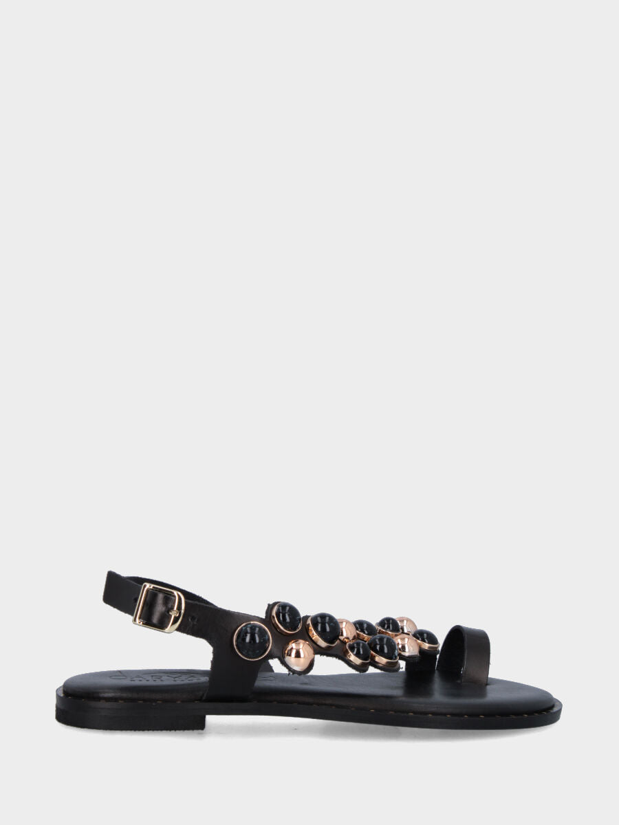 Sandalo infradito gioiello in vitello nero con perle multicolor