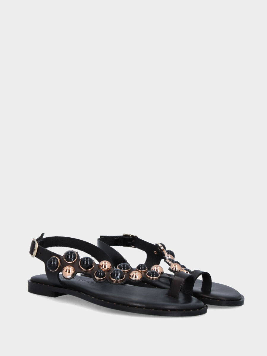 Sandalo infradito gioiello in vitello nero con perle multicolor