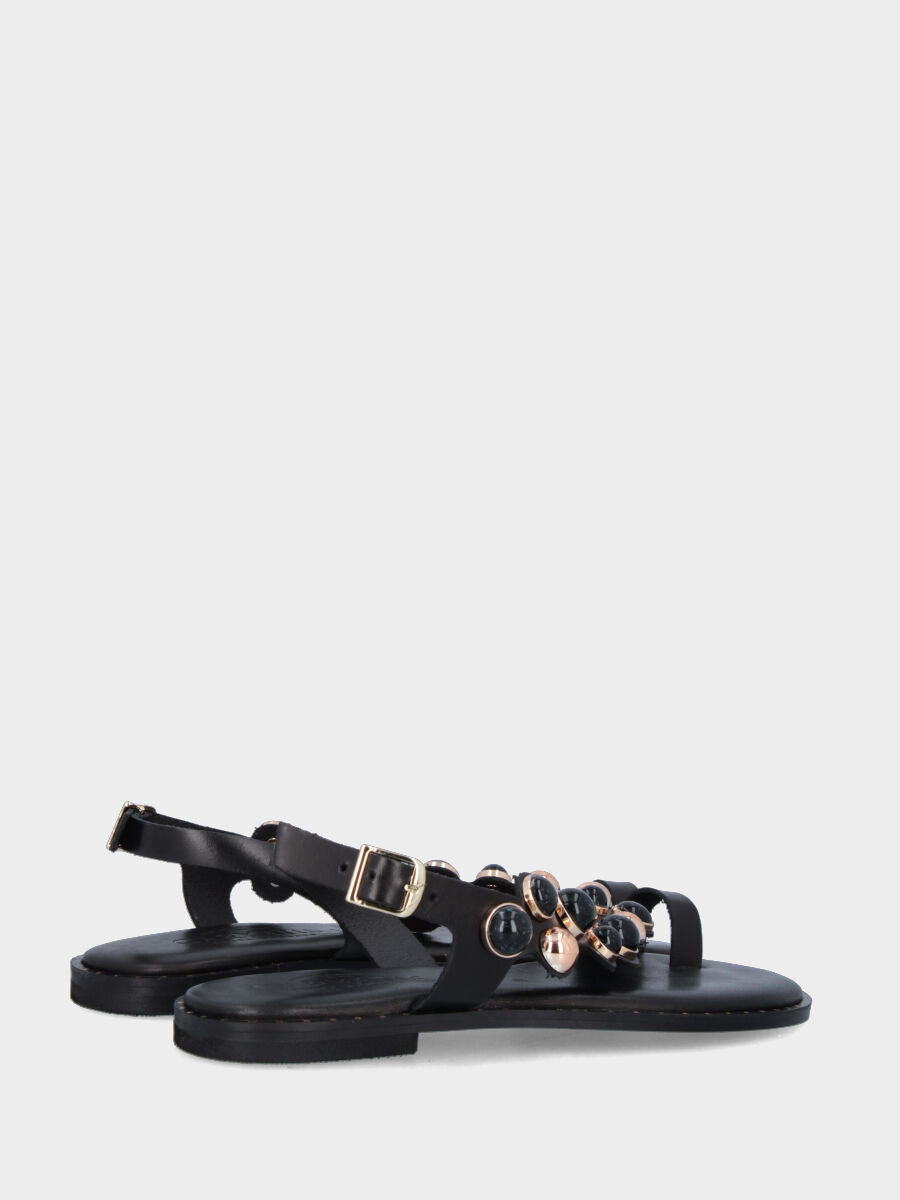 Sandalo infradito gioiello in vitello nero con perle multicolor