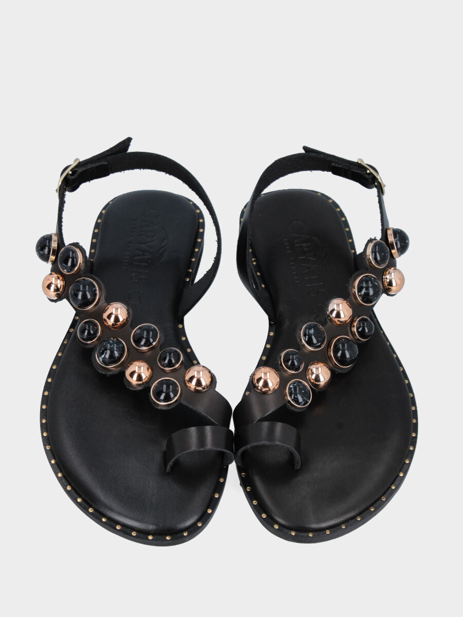 Sandalo infradito gioiello in vitello nero con perle multicolor