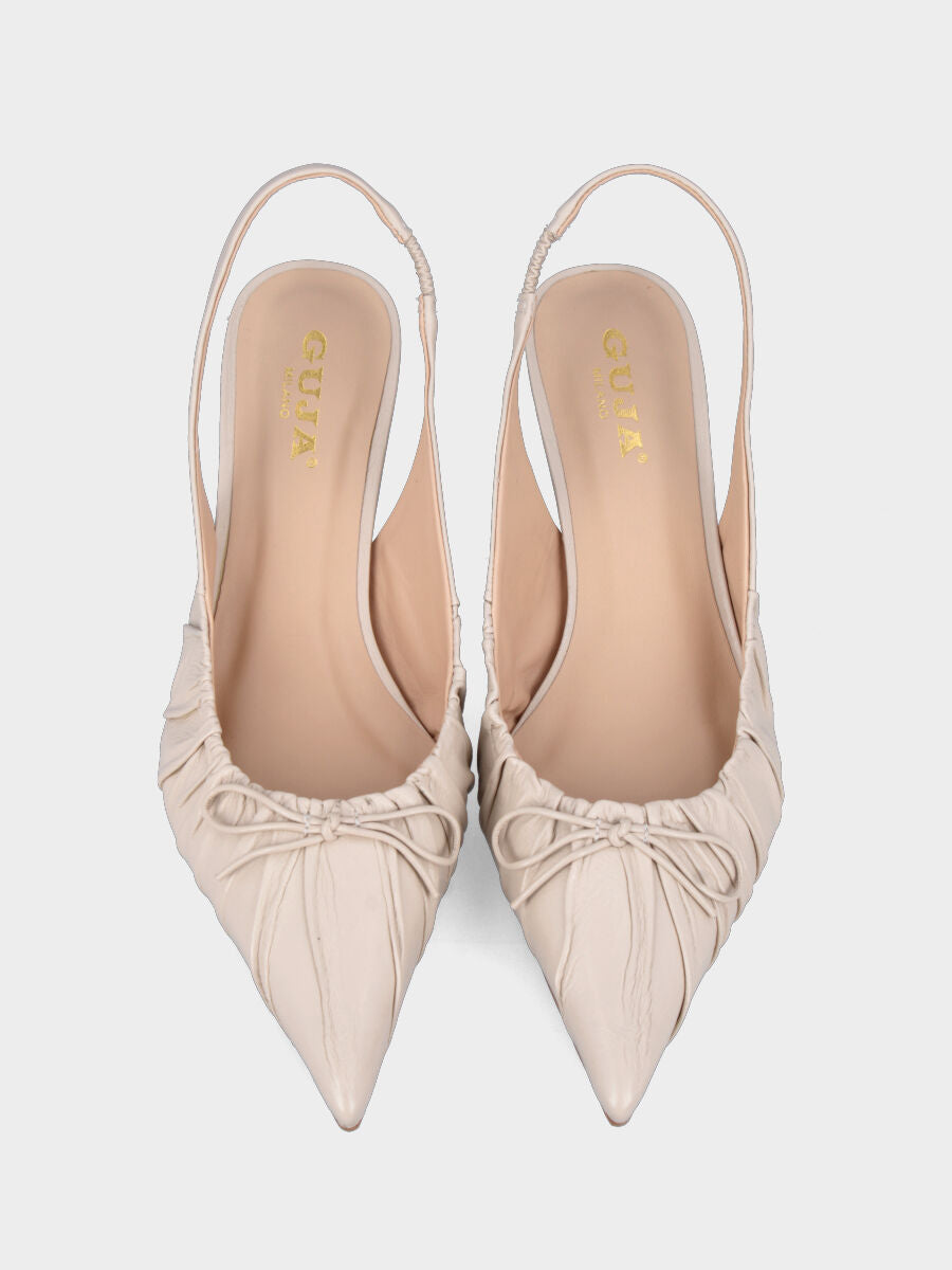 Slingback in vitello bianco latte con fiocchetto e tacco a calice