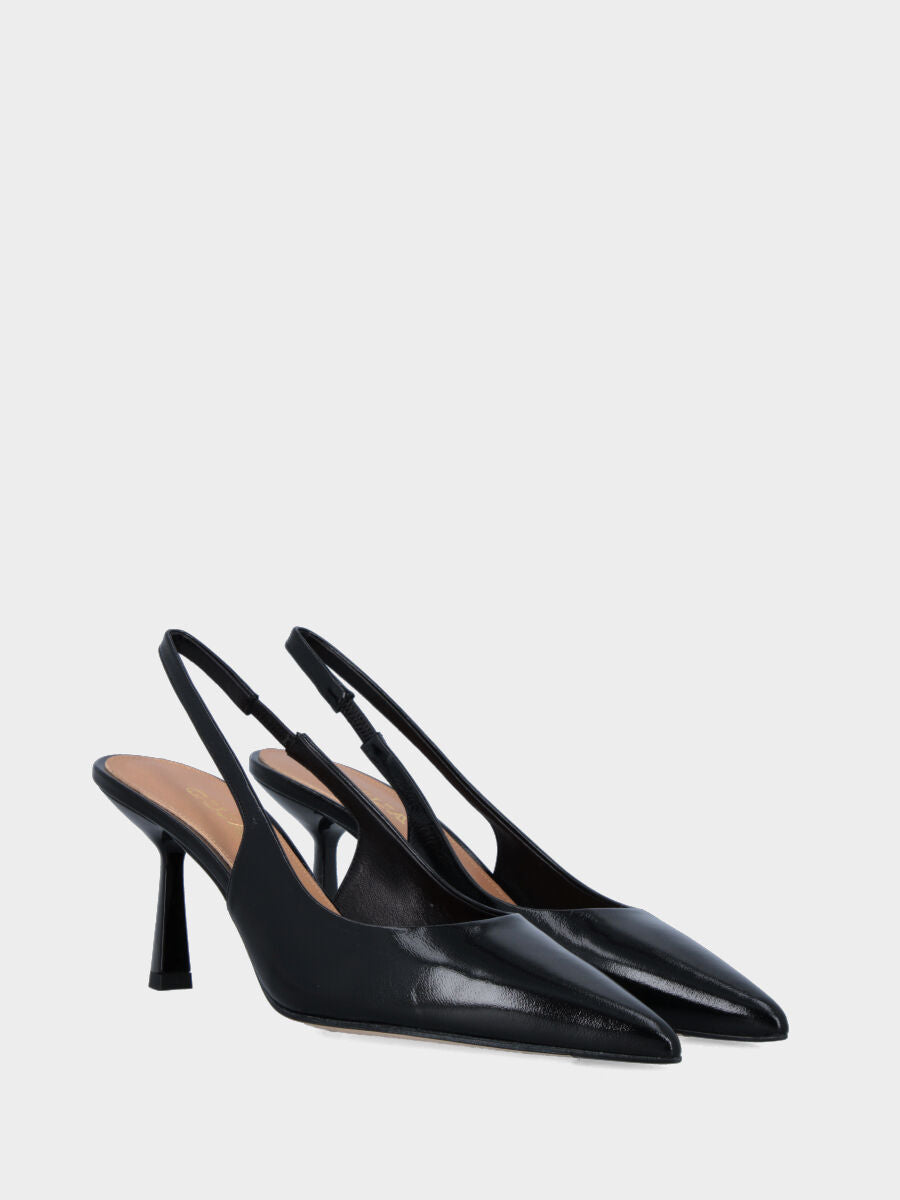 Slingback aus glänzender Samt schwarz mit Kelchabsatz und rundem Ausschnitt