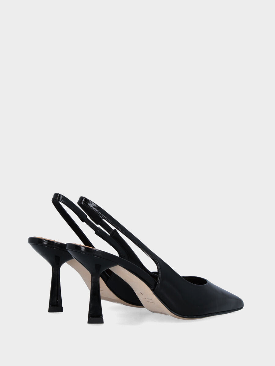 Slingback in verlux nero con tacco a calice e scollo tondo
