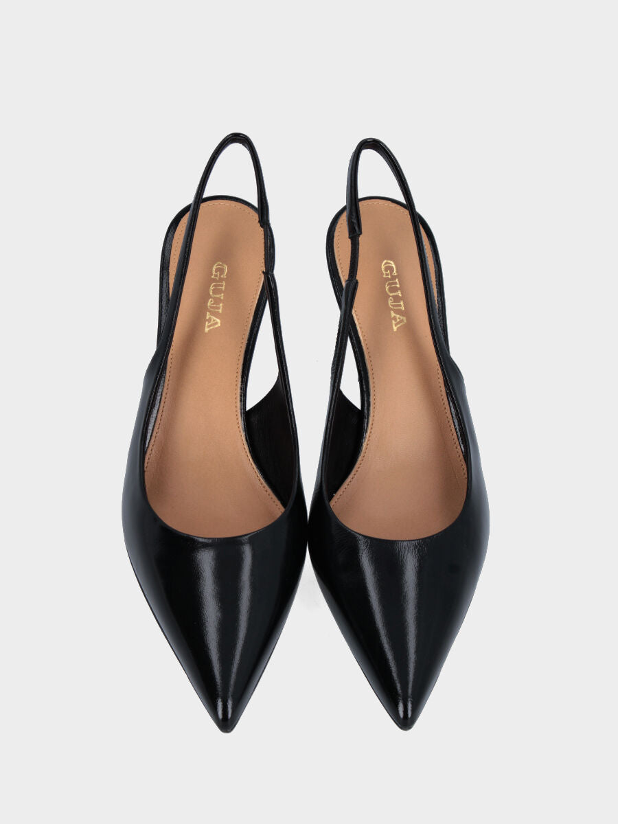Slingback aus glänzender Samt schwarz mit Kelchabsatz und rundem Ausschnitt