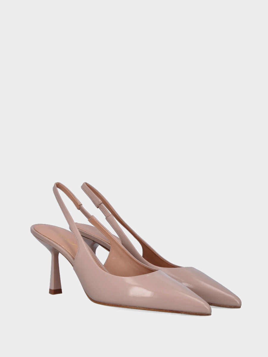 Slingback en verni miroir beige avec talon calice de 75 mm et encolure ronde