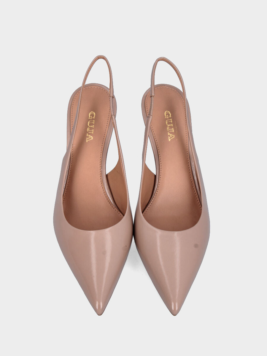 Slingback en verni miroir beige avec talon calice de 75 mm et encolure ronde