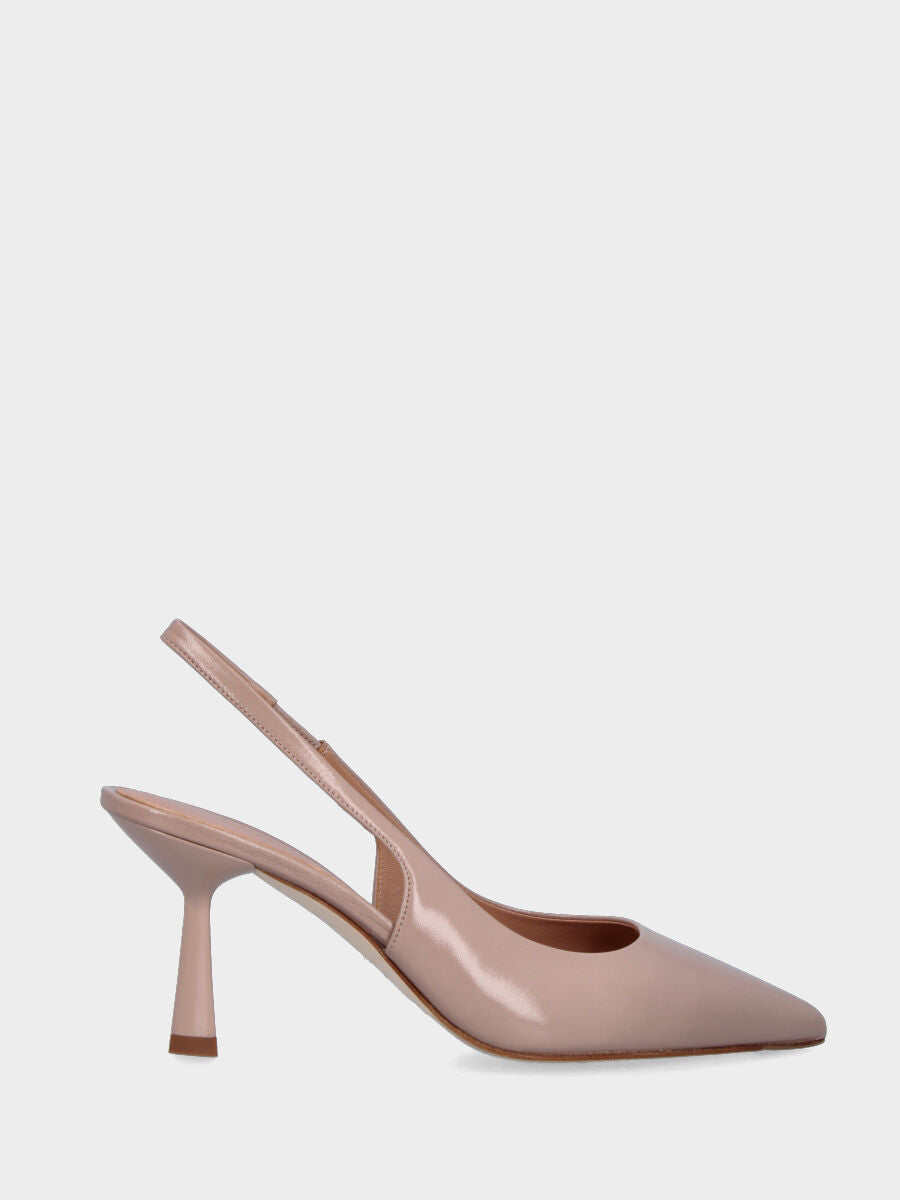 Slingback en verni miroir beige avec talon calice de 75 mm et encolure ronde