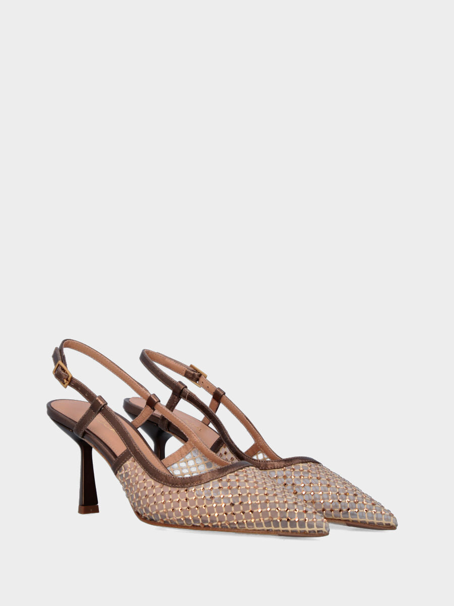 Escarpin slingback en résille nude et cristaux avec talon en forme de calice