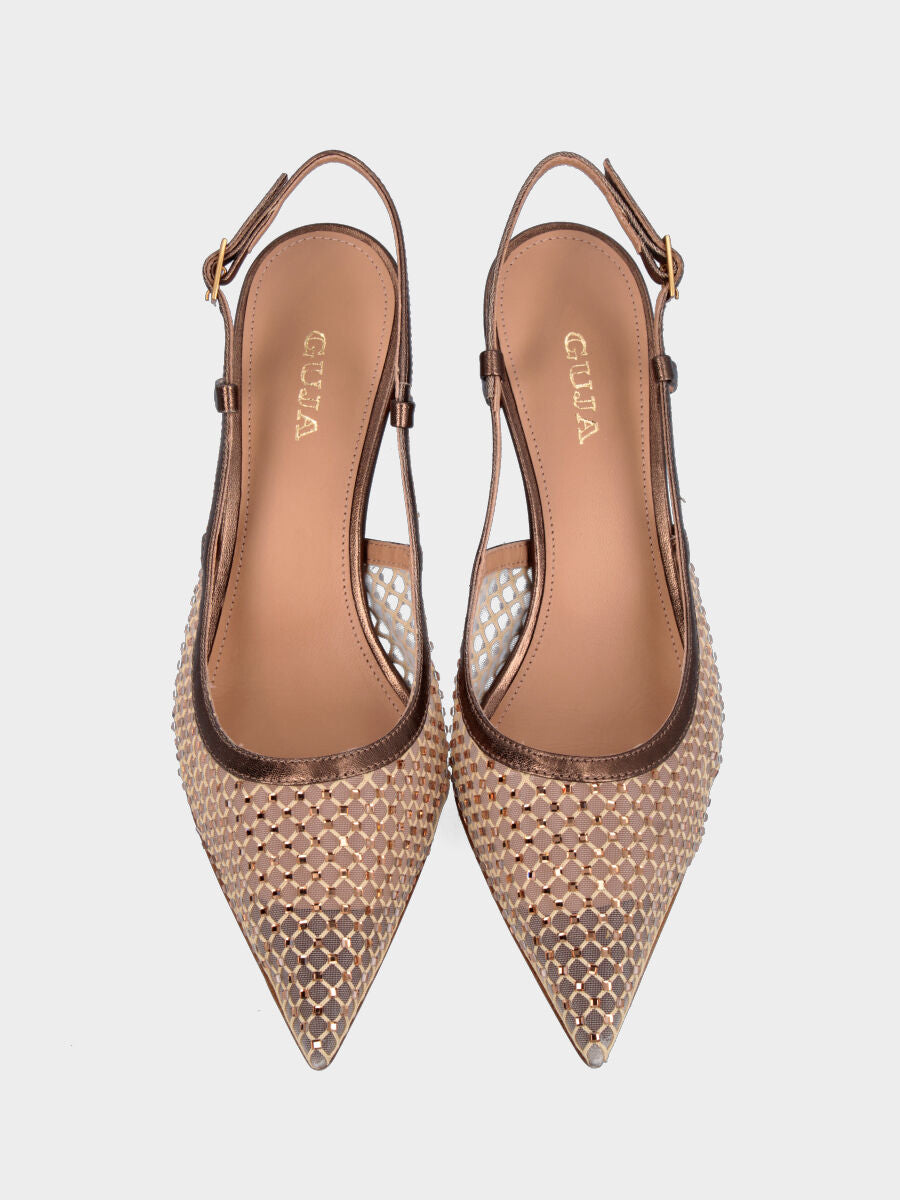 Escarpin slingback en résille nude et cristaux avec talon en forme de calice