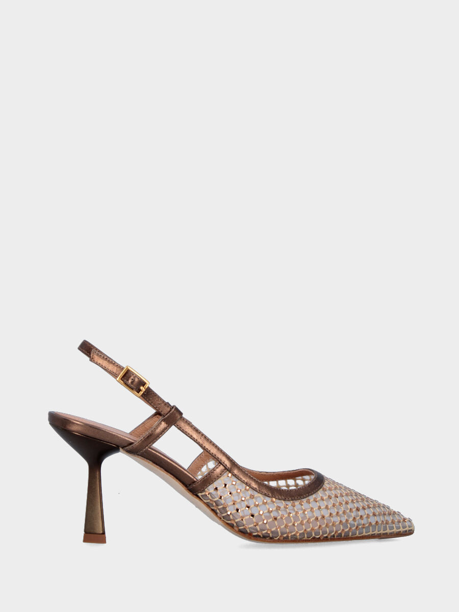 Escarpin slingback en résille nude et cristaux avec talon en forme de calice