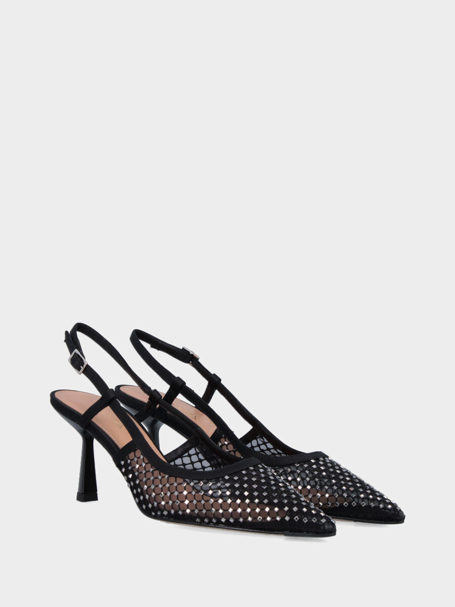 Slingback in retina nera e cristalli con tacco a calice