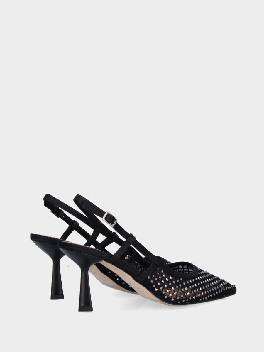 Slingback in retina nera e cristalli con tacco a calice