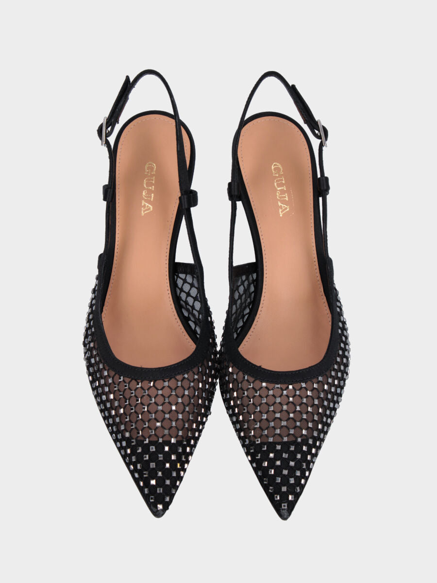 Slingback in retina nera e cristalli con tacco a calice