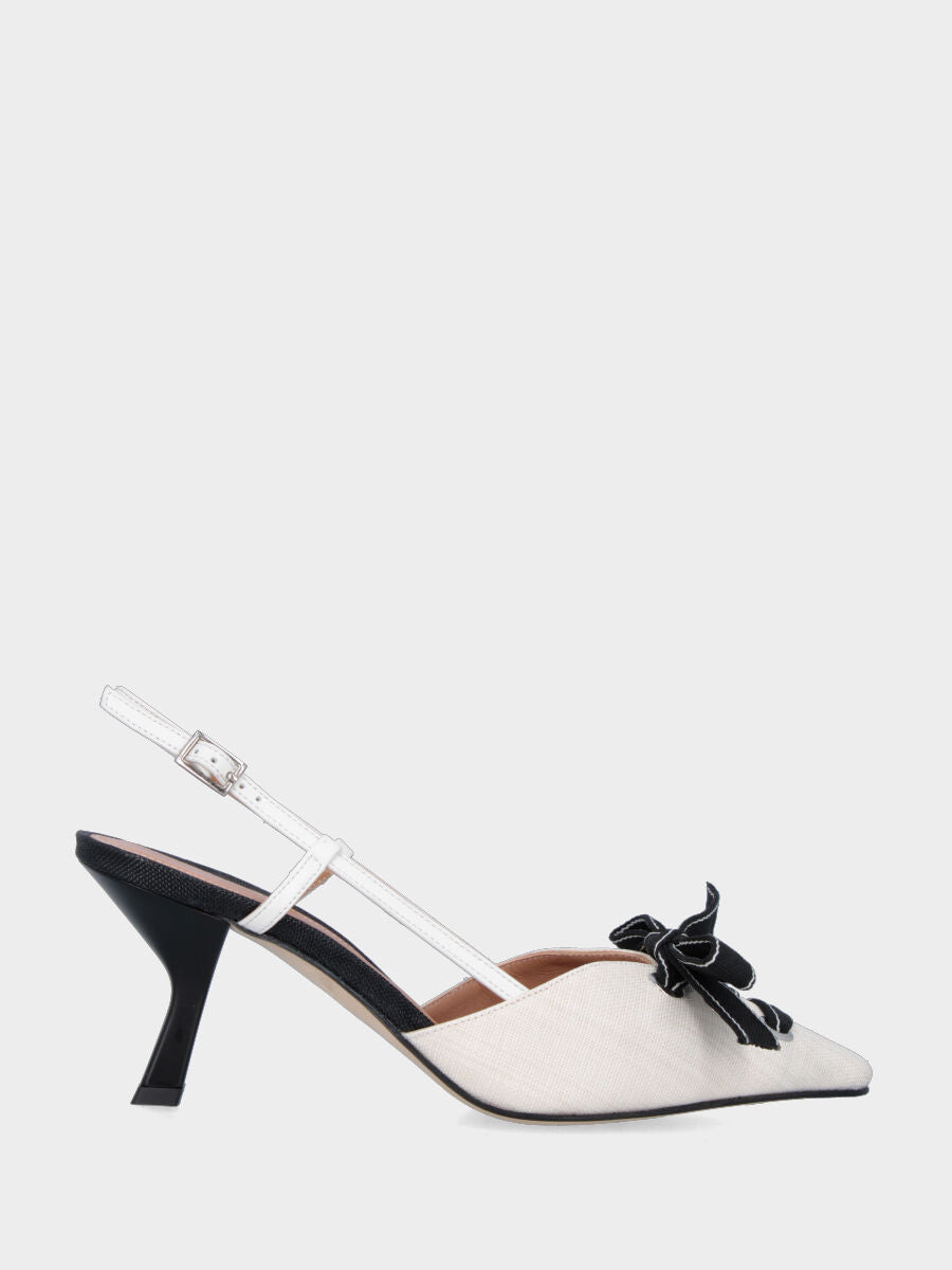 Slingback in tessuto avorio con nastro nero e tacco a calice