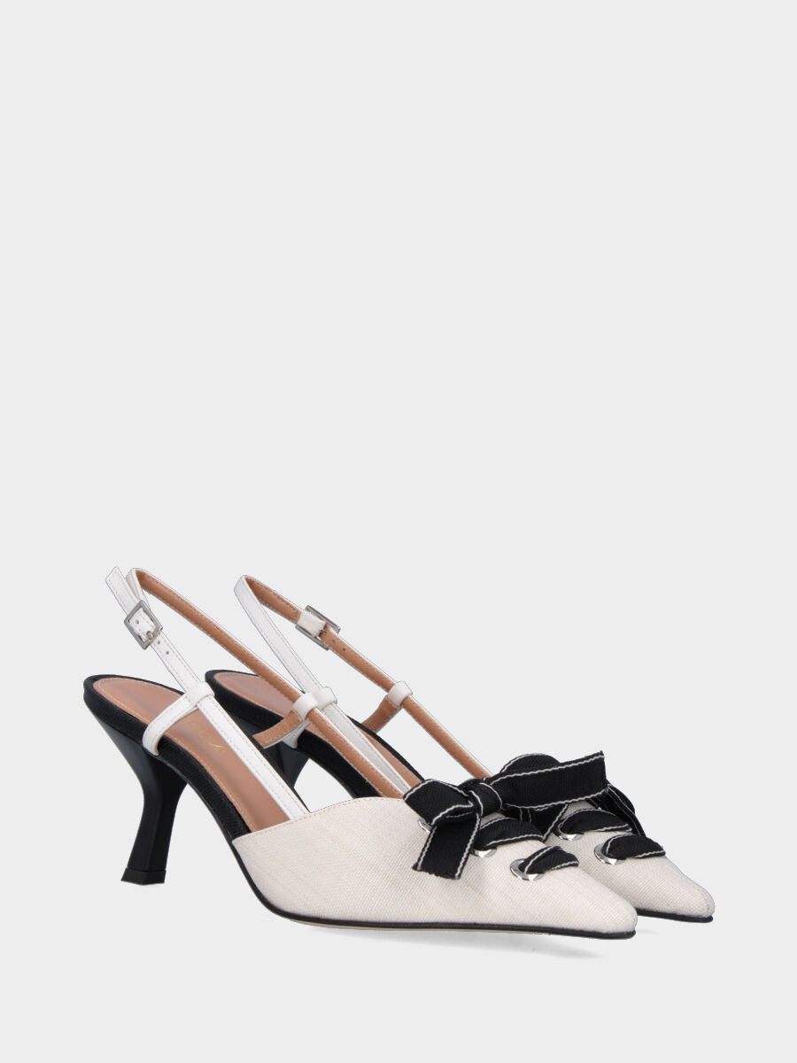 Slingback in tessuto avorio con nastro nero e tacco a calice